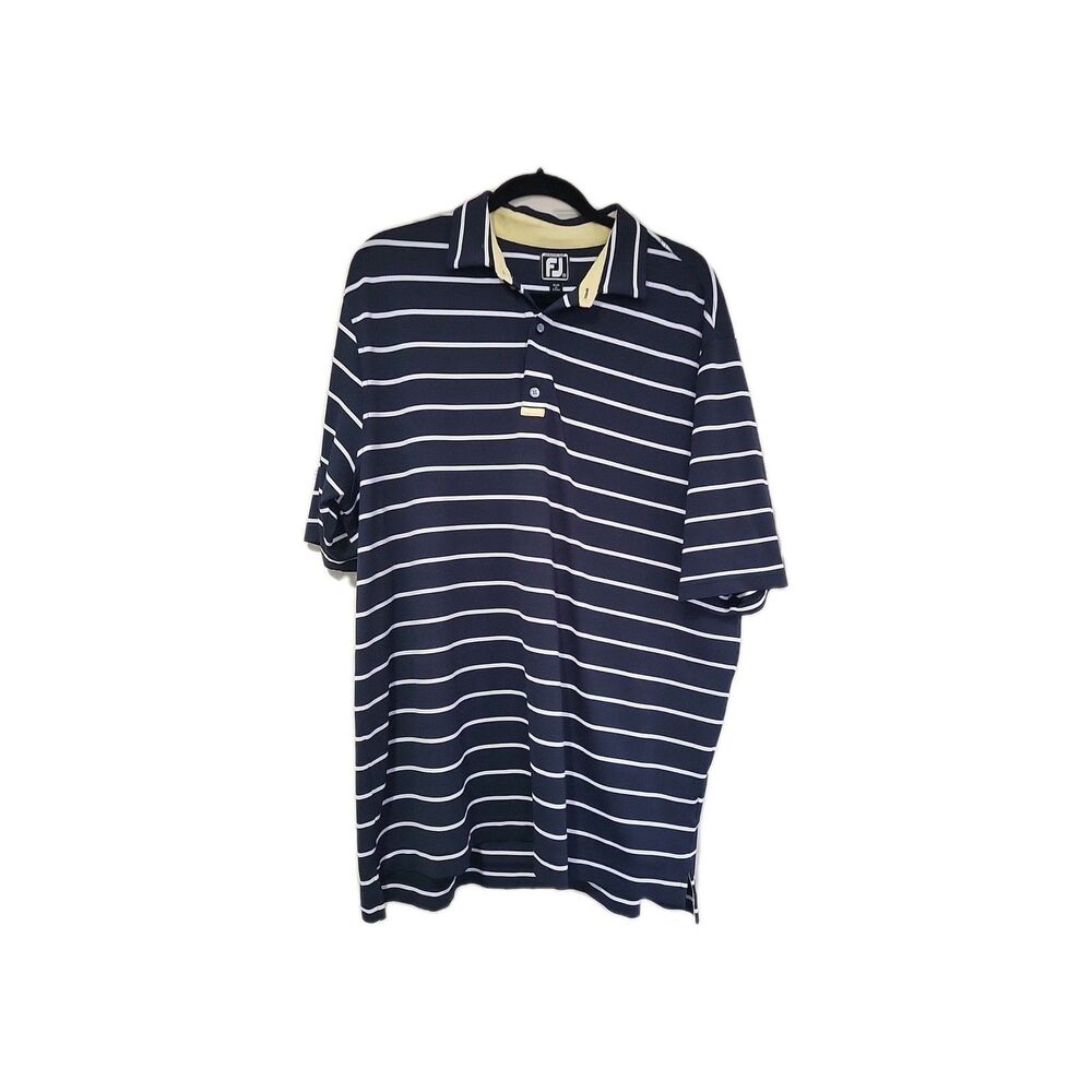FootJoy Polo Shirt Mens  2XL Navy White Stripe yellow Accents EUC